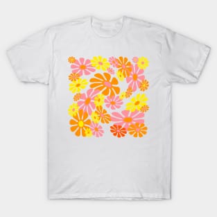 60's Retro Liquid Flowers in Orange, Yellow and Pink T-Shirt